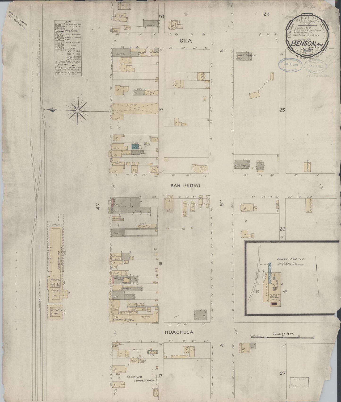 Sanborn Fire Insurance Map from Benson, Cochise County, Arizona (1898), Sheet #0001 - Historic Sanborn Fire Insurance Map Print, vintage old map wall art, antique decor, genealogy gift, Arizona Arizona map