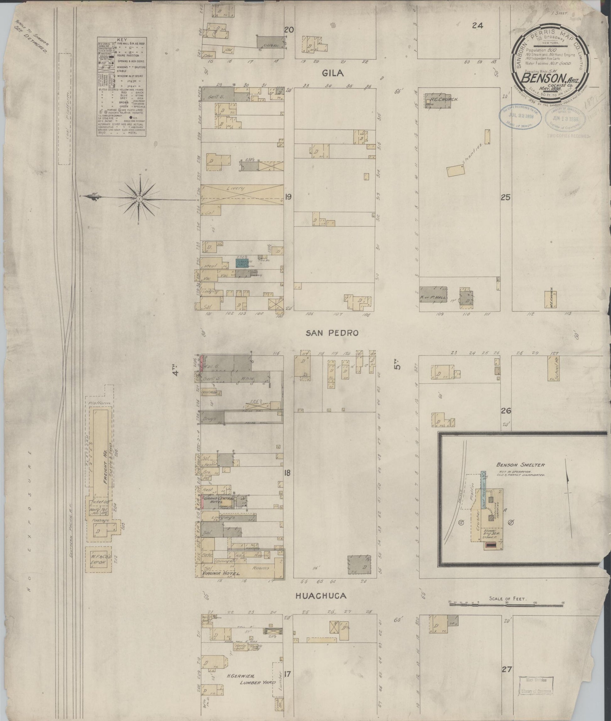 Sanborn Fire Insurance Map from Benson, Cochise County, Arizona (1898), Sheet #0001 - Historic Sanborn Fire Insurance Map Print, vintage old map wall art, antique decor, genealogy gift, Arizona Arizona map