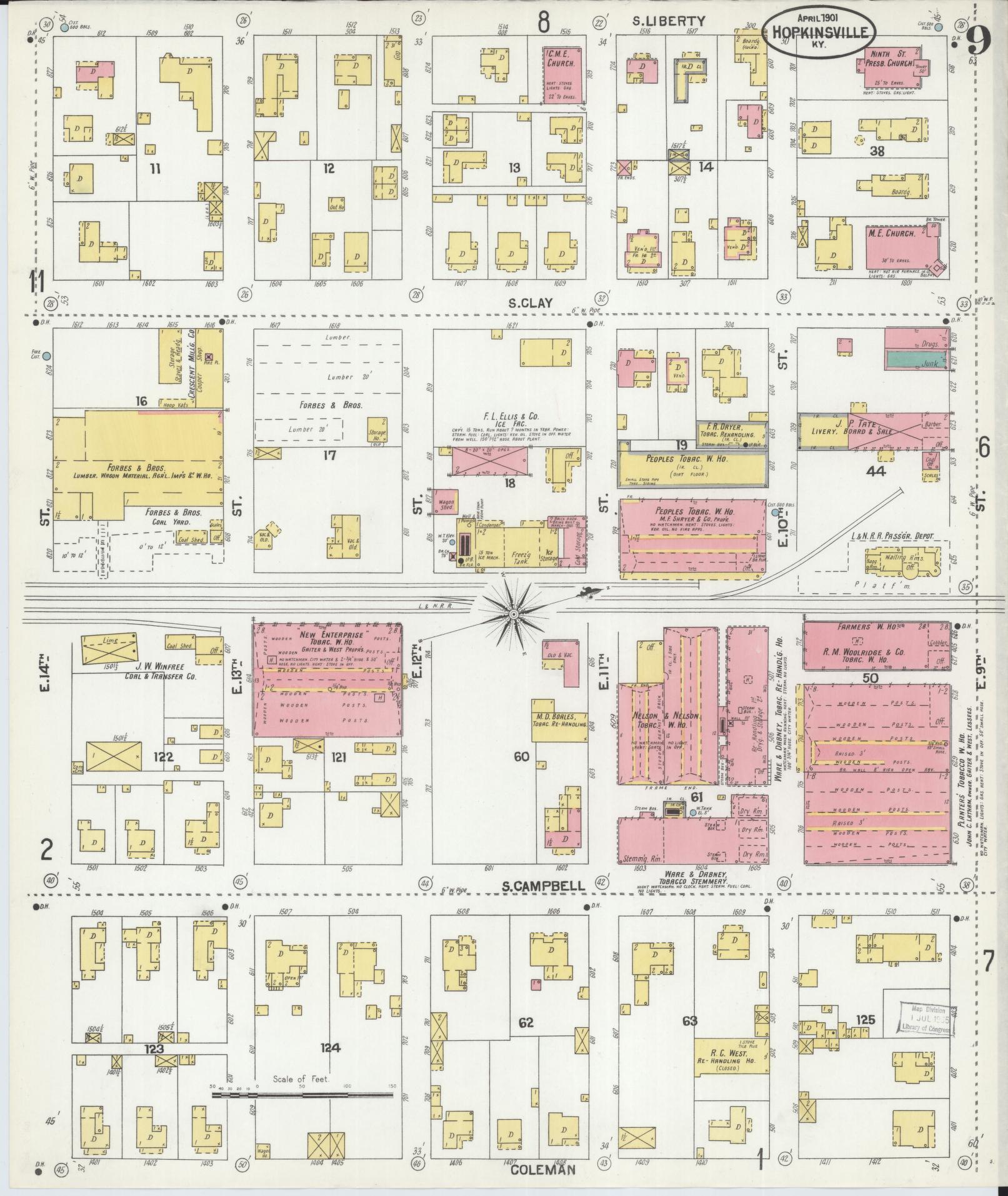 Sanborn Fire Insurance Map from Hopkinsville, Christian County, Kentucky (1901), Sheet #0009 - Historic Sanborn Fire Insurance Map Print, vintage old map wall art, antique decor, genealogy gift, Kentucky Kentucky map