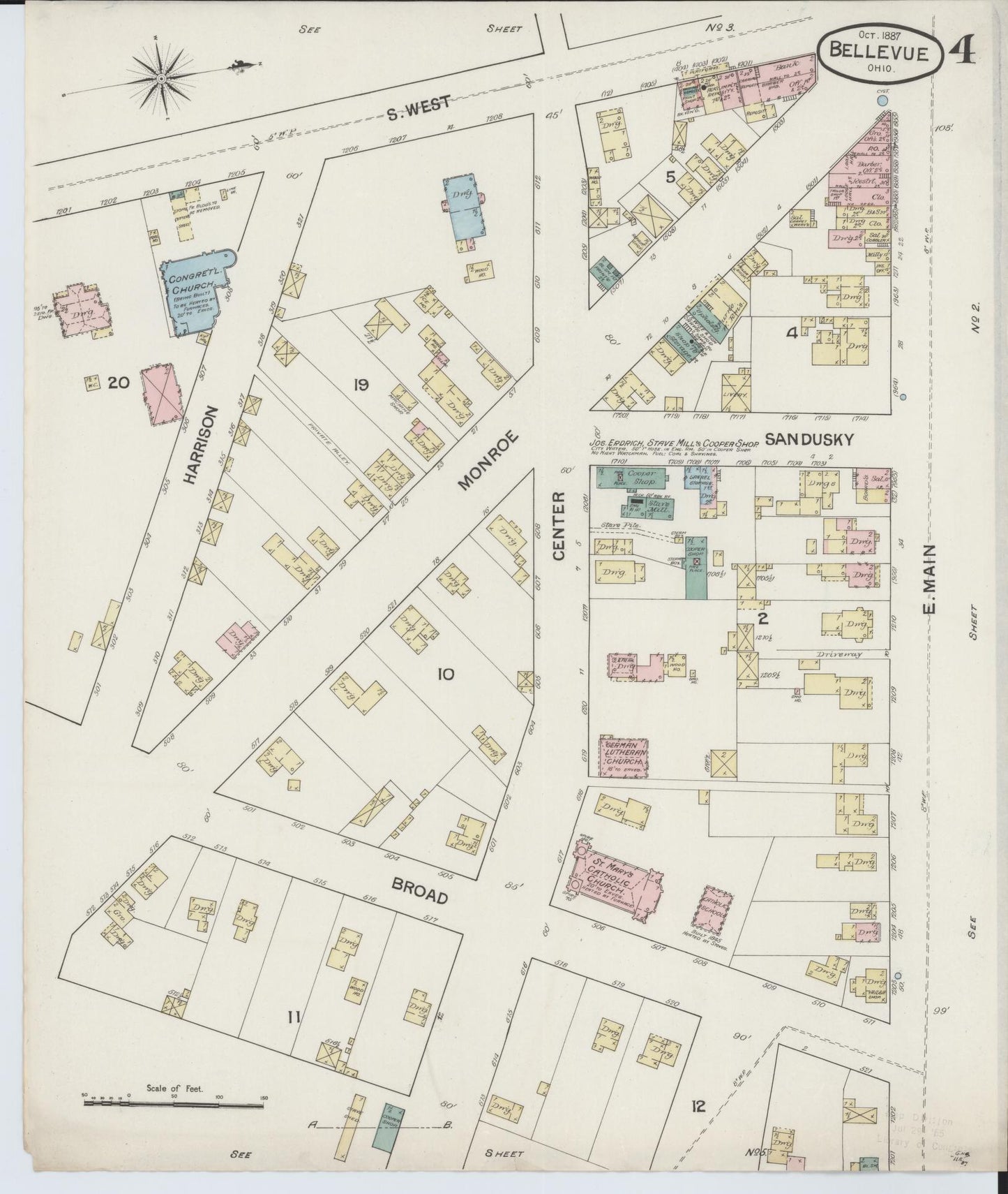 Sanborn Fire Insurance Map from Bellevue, Huron And Sandusky County, Ohio (1887), Sheet #0004 - Historic Sanborn Fire Insurance Map Print, vintage old map wall art, antique decor, genealogy gift, Ohio Ohio map