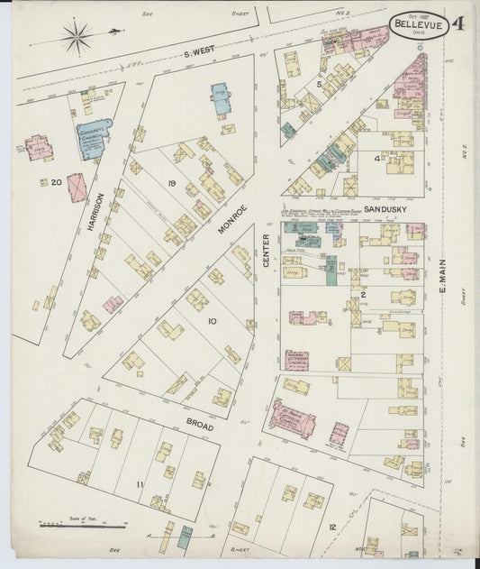 Sanborn Fire Insurance Map from Bellevue, Huron And Sandusky County, Ohio (1887), Sheet #0004 - Historic Sanborn Fire Insurance Map Print, vintage old map wall art, antique decor, genealogy gift, Ohio Ohio map