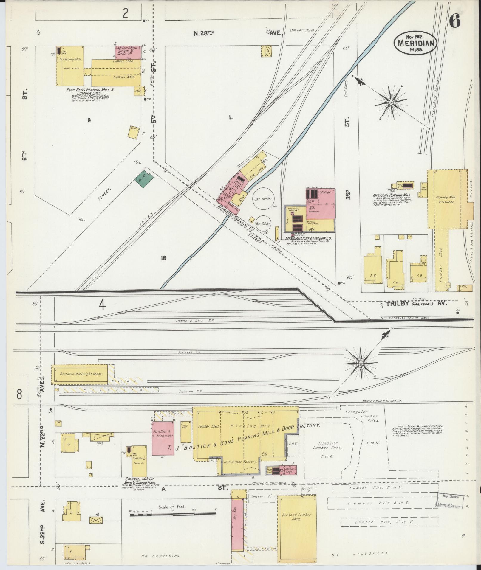 Sanborn Fire Insurance Map from Meridian, Lauderdale County, Mississippi (1902), Sheet #0006 - Historic Sanborn Fire Insurance Map Print, vintage old map wall art, antique decor, genealogy gift, Mississippi Mississippi map