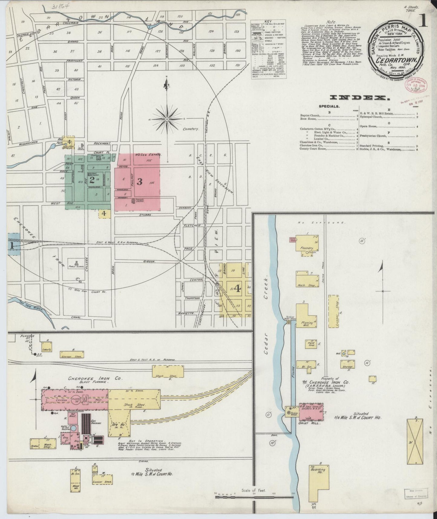 Sanborn Fire Insurance Map from Cedartown, Polk County, Georgia (1895), Sheet #0001 - Historic Sanborn Fire Insurance Map Print, vintage old map wall art, antique decor, genealogy gift, Georgia Georgia map