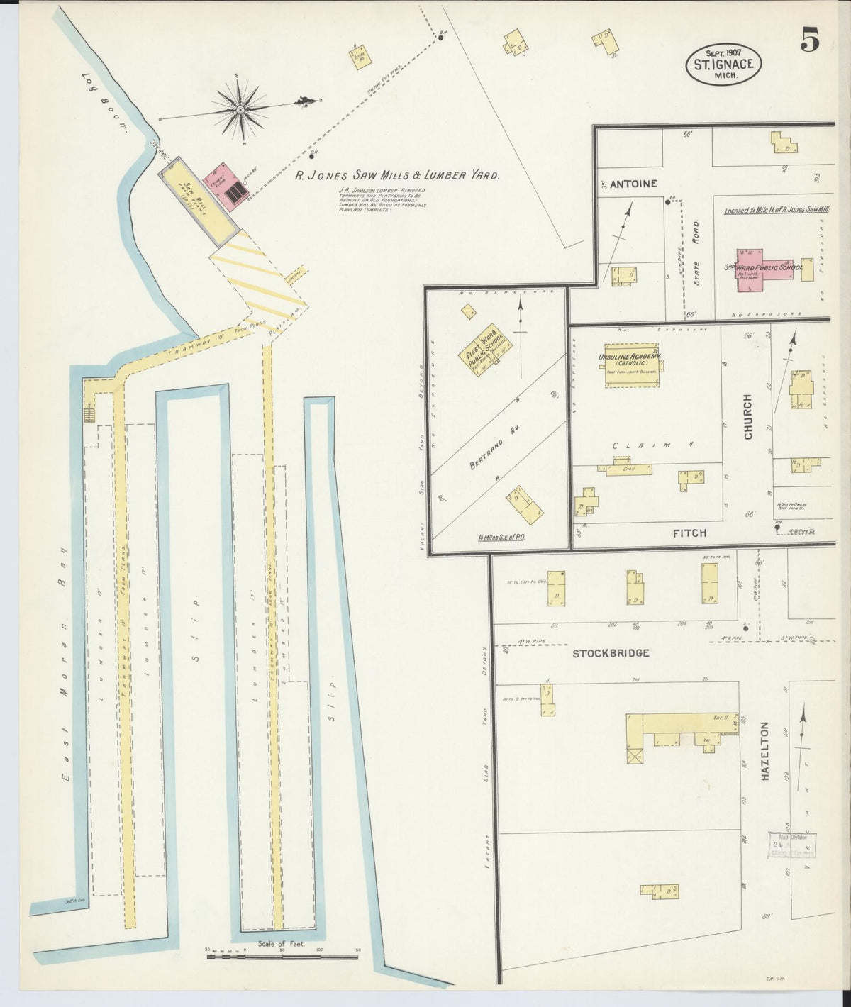 Sanborn Fire Insurance Map from Saint Ignace, Mackinac County, Michigan (1907), Sheet #0005 - Historic Sanborn Fire Insurance Map Print, vintage old map wall art, antique decor, genealogy gift, Michigan Michigan map