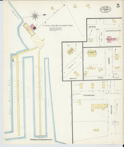 Sanborn Fire Insurance Map from Saint Ignace, Mackinac County, Michigan (1907), Sheet #0005 - Historic Sanborn Fire Insurance Map Print, vintage old map wall art, antique decor, genealogy gift, Michigan Michigan map