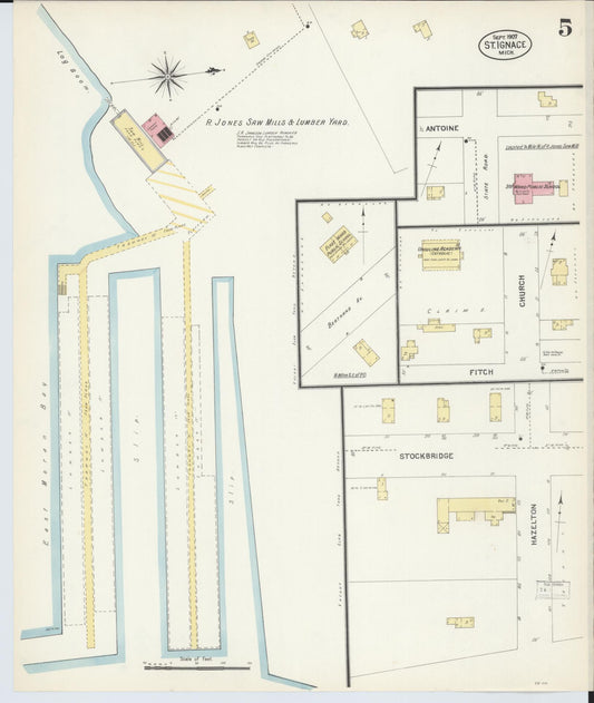 Sanborn Fire Insurance Map from Saint Ignace, Mackinac County, Michigan (1907), Sheet #0005 - Historic Sanborn Fire Insurance Map Print, vintage old map wall art, antique decor, genealogy gift, Michigan Michigan map