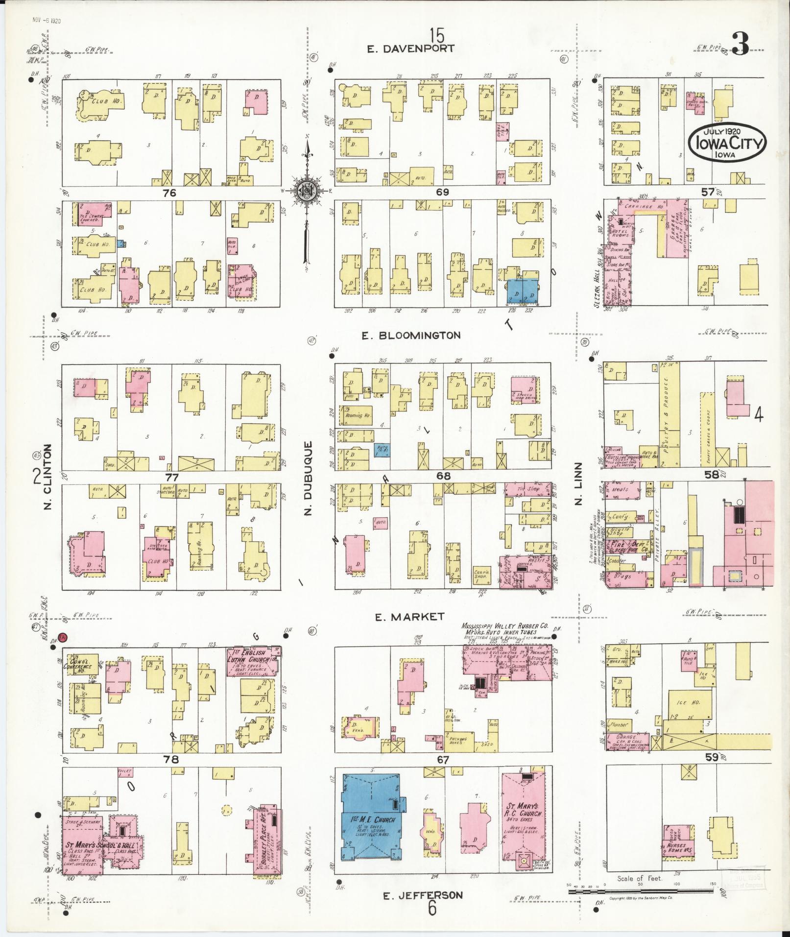 Sanborn Fire Insurance Map from Iowa City, Johnson County, Iowa (1920), Sheet #0003 - Historic Sanborn Fire Insurance Map Print, vintage old map wall art