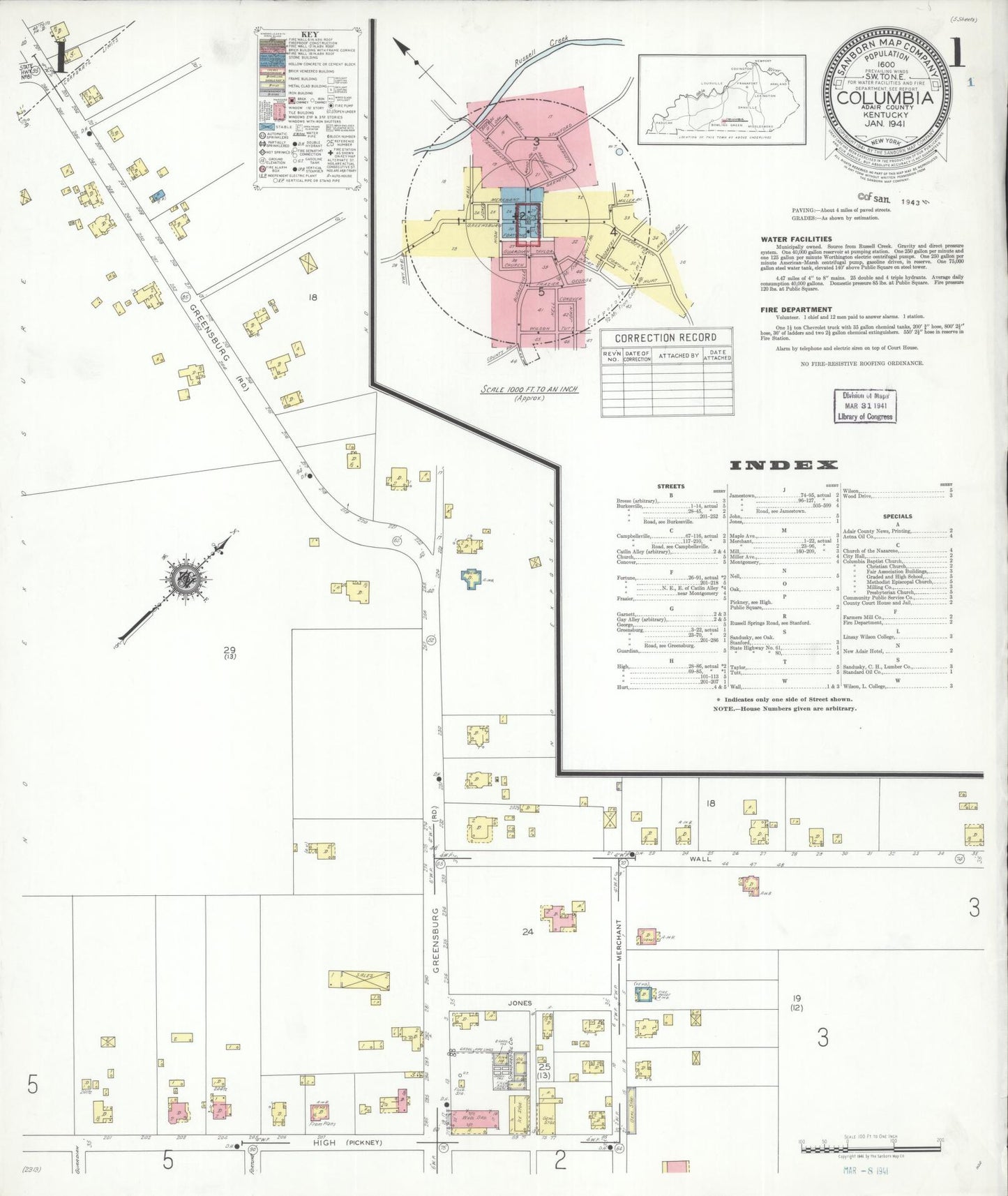 Sanborn Fire Insurance Map from Columbia, Adair County, Kentucky (1941), Sheet #0001 - Historic Sanborn Fire Insurance Map Print, vintage old map wall art, antique decor, genealogy gift, Kentucky Kentucky map