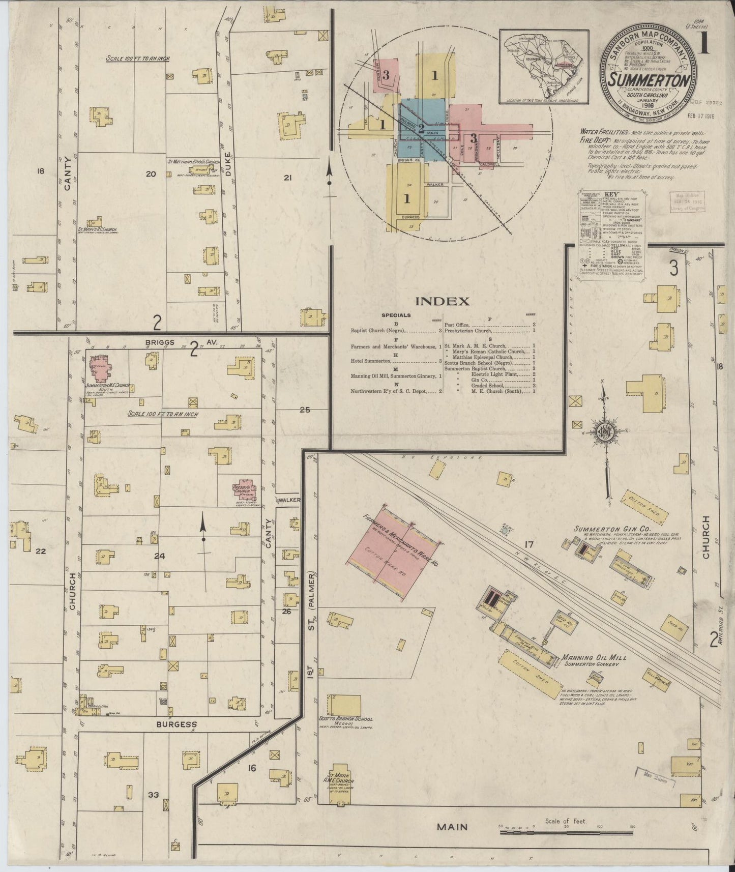 Sanborn Fire Insurance Map from Summerton, Clarendon County, South Carolina (1916), Sheet #0001 - Complete Map Set gallery image, historic Sanborn map, vintage wall art, South Carolina South Carolina