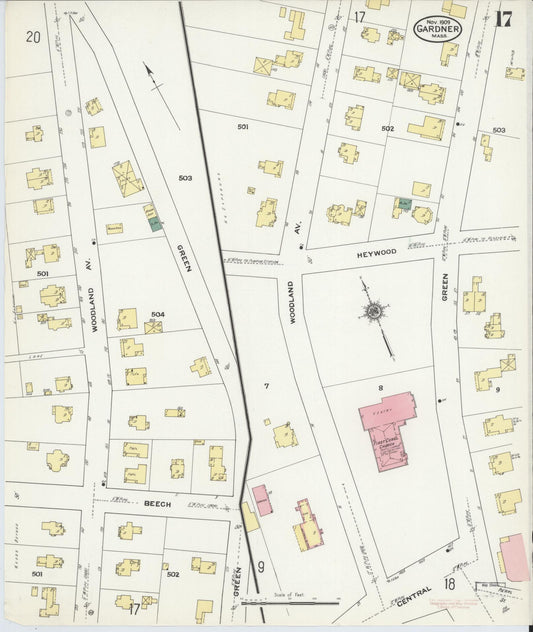 Sanborn Fire Insurance Map from Gardner, Worcester County, Massachusetts (1909), Sheet #0017 - Historic Sanborn Fire Insurance Map Print, vintage old map wall art, antique decor, genealogy gift, Massachusetts Massachusetts map