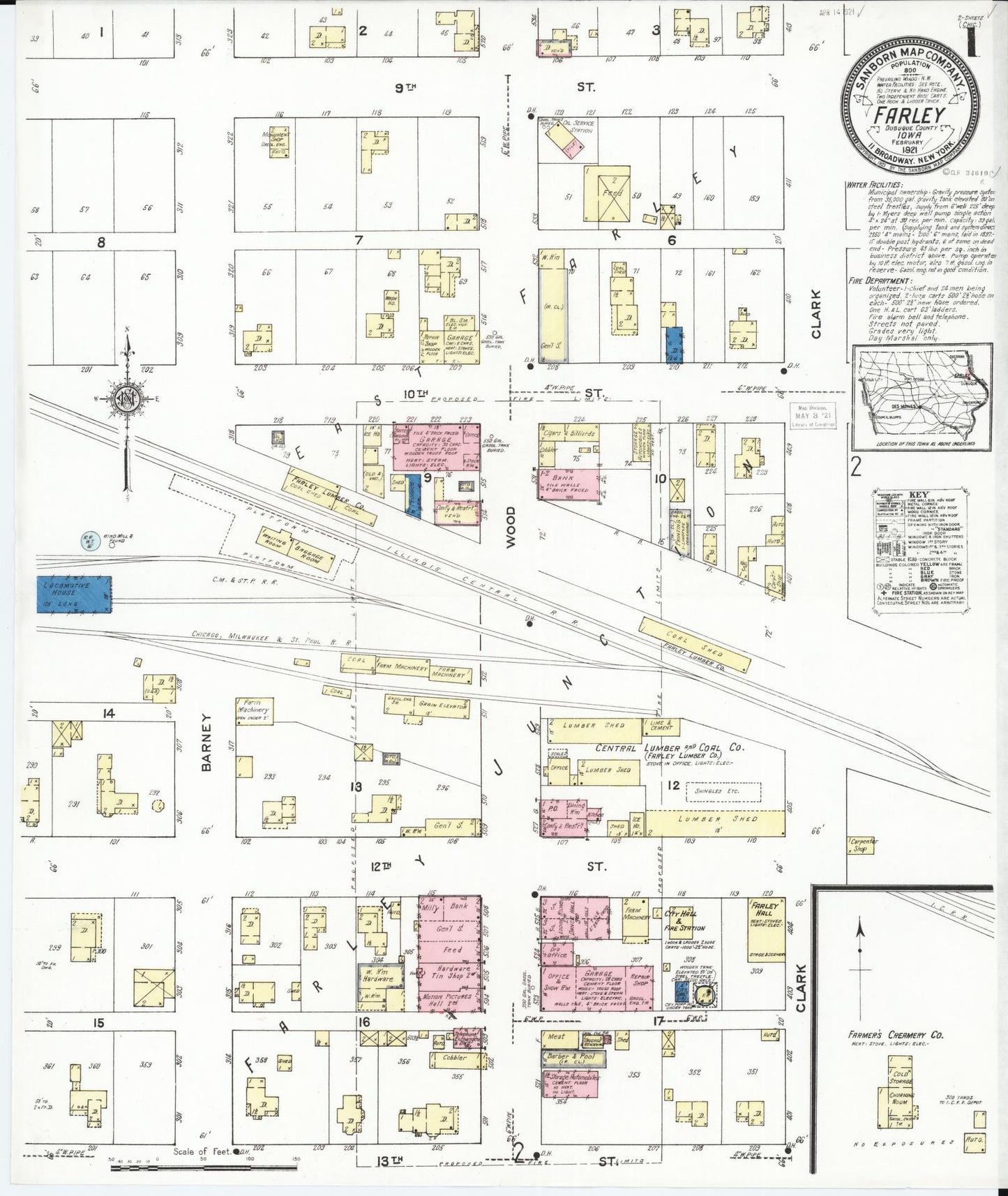 Sanborn Fire Insurance Map from Farley, Dubuque County, Iowa (1921), Sheet #0001 - Historic Sanborn Fire Insurance Map Print, vintage old map wall art