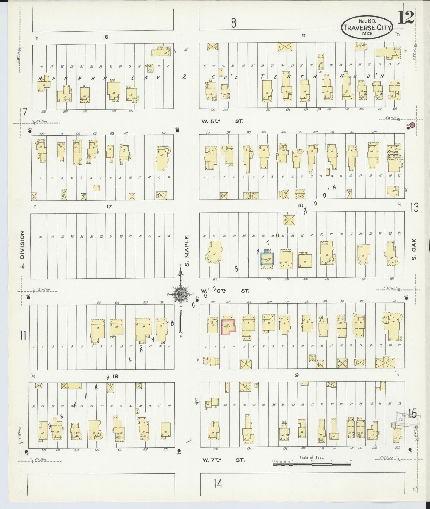 Sanborn Fire Insurance Map from Traverse City, Grand Traverse County, Michigan (1910), Sheet #0012 - Historic Sanborn Fire Insurance Map Print, vintage old map wall art, antique decor, genealogy gift, Michigan Michigan map
