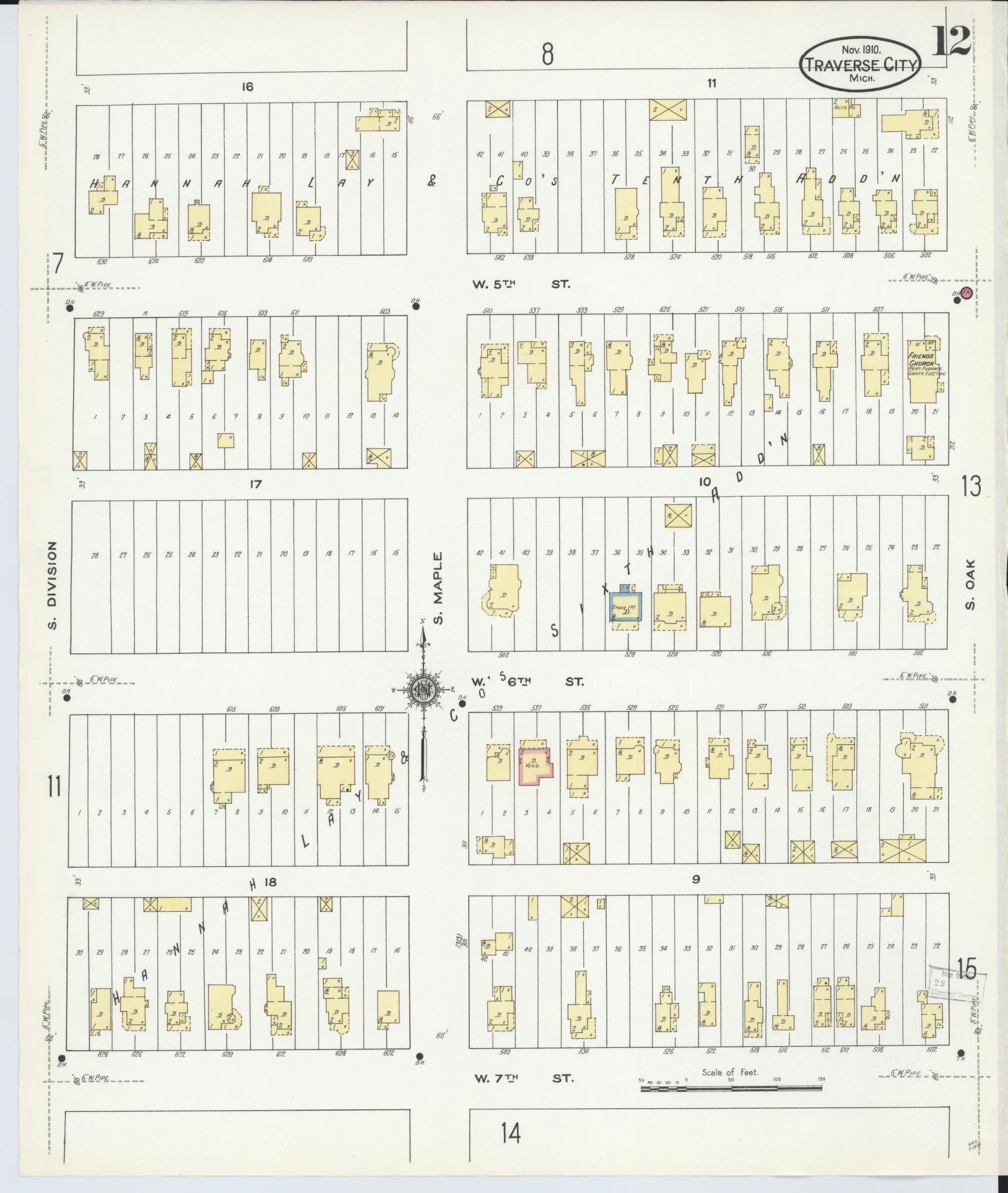 Sanborn Fire Insurance Map from Traverse City, Grand Traverse County, Michigan (1910), Sheet #0012 - Historic Sanborn Fire Insurance Map Print, vintage old map wall art, antique decor, genealogy gift, Michigan Michigan map
