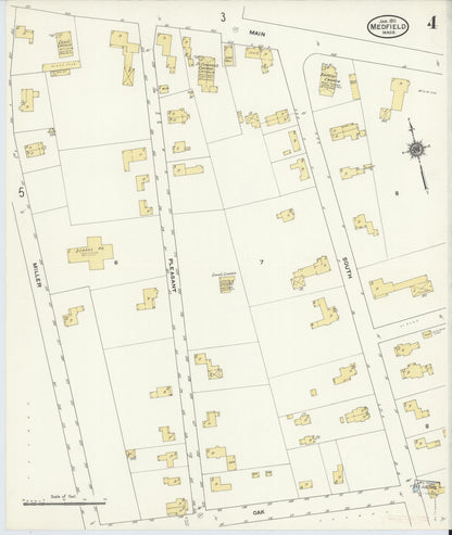 Sanborn Fire Insurance Map from Medfield, Norfolk County, Massachusetts (1911), Sheet #0004 - Historic Sanborn Fire Insurance Map Print, vintage old map wall art, antique decor, genealogy gift, Massachusetts Massachusetts map