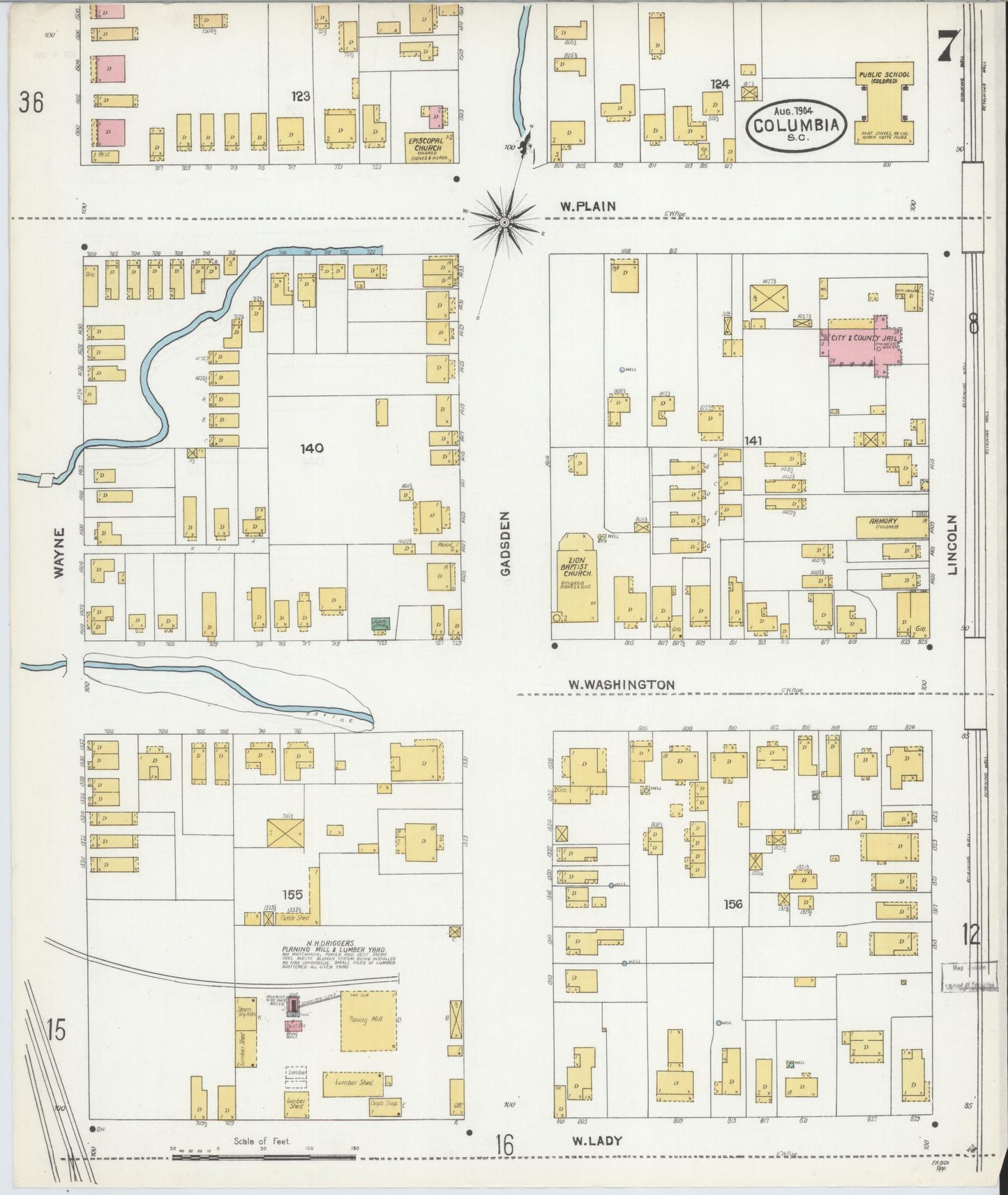 Sanborn Fire Insurance Map from Columbia, Richland County, South Carolina (1904), Sheet #0007 - Complete Map Set gallery image, historic Sanborn map, vintage wall art, South Carolina South Carolina