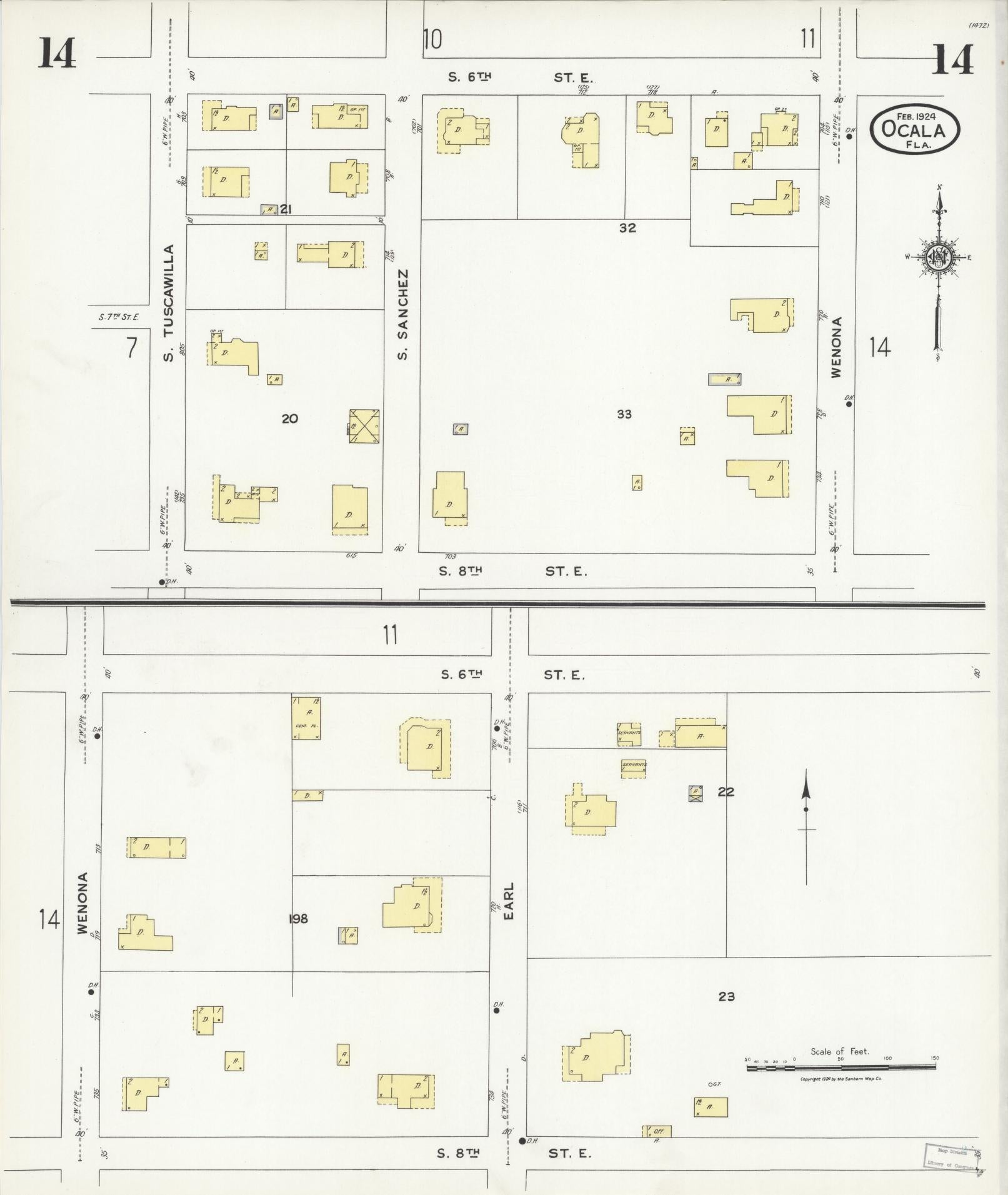 Sanborn Fire Insurance Map from Ocala, Marion County, Florida (1924), Sheet #0014 - Historic Sanborn Fire Insurance Map Print, vintage old map wall art, antique decor, genealogy gift, Florida Florida map