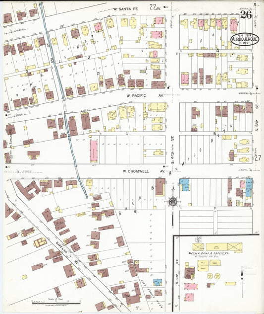 Sanborn Fire Insurance Map from Albuquerque, Bernalillo County, New Mexico (1919), Sheet #0026 - Historic Sanborn Fire Insurance Map Print, vintage old map wall art, antique decor, genealogy gift, New Mexico New Mexico map