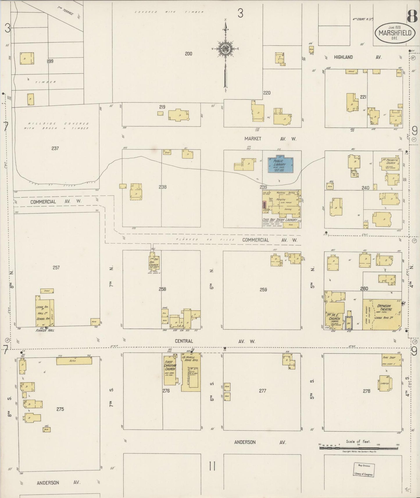 Sanborn Fire Insurance Map from Marshfield, Coos County, Oregon (1920), Sheet #0008 - Complete Map Set gallery image, historic Sanborn map, vintage wall art, Oregon Oregon