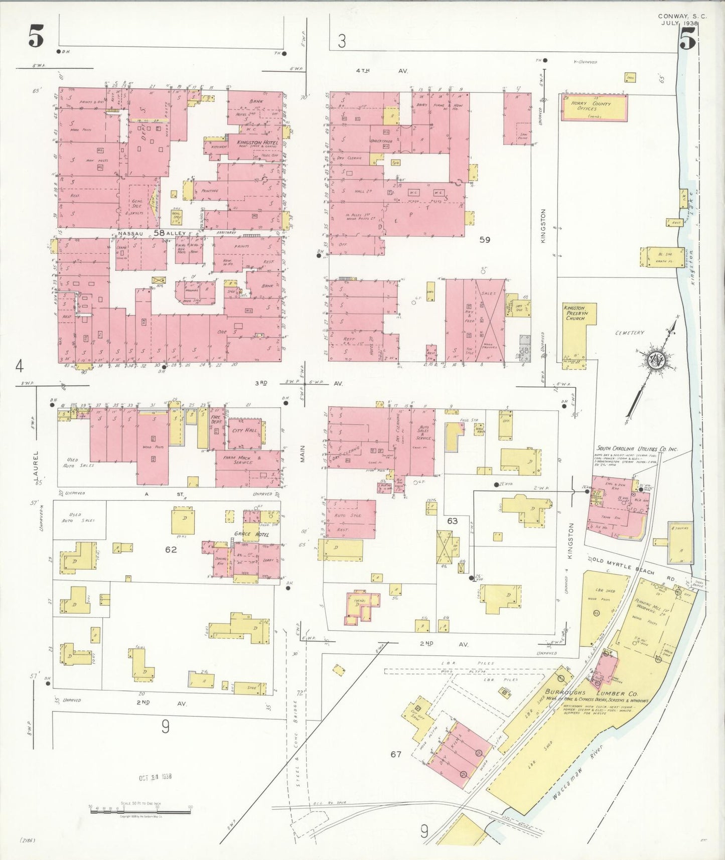 Sanborn Fire Insurance Map from Conway, Horry County, South Carolina (1938), Sheet #0005 - Historic Sanborn Fire Insurance Map Print, vintage old map wall art, antique decor, genealogy gift, South Carolina South Carolina map
