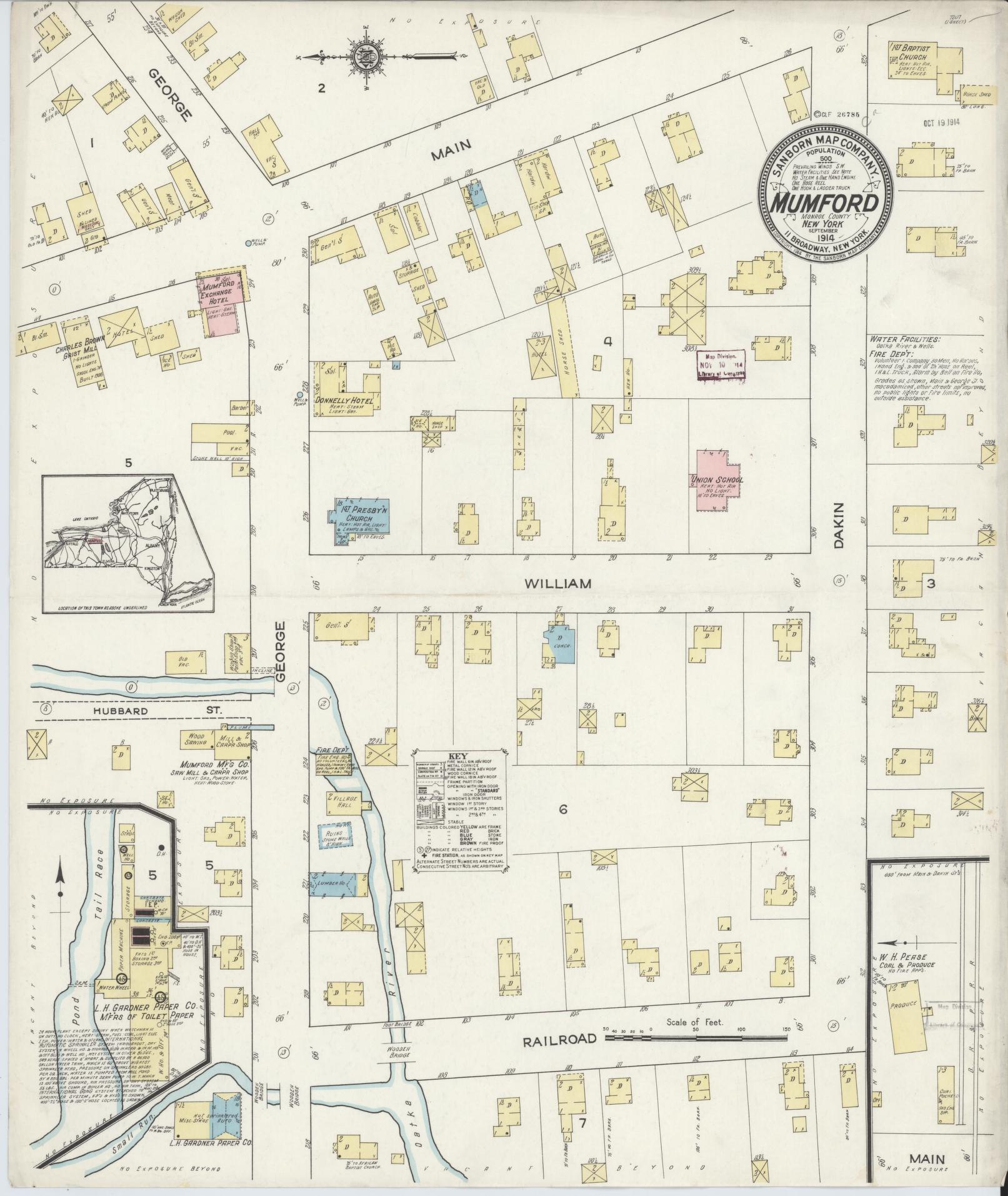 Sanborn Fire Insurance Map from Mumford, Monroe County, New York (1914), Sheet #0001 - Historic Sanborn Fire Insurance Map Print, vintage old map wall art, antique decor, genealogy gift, New York New York map
