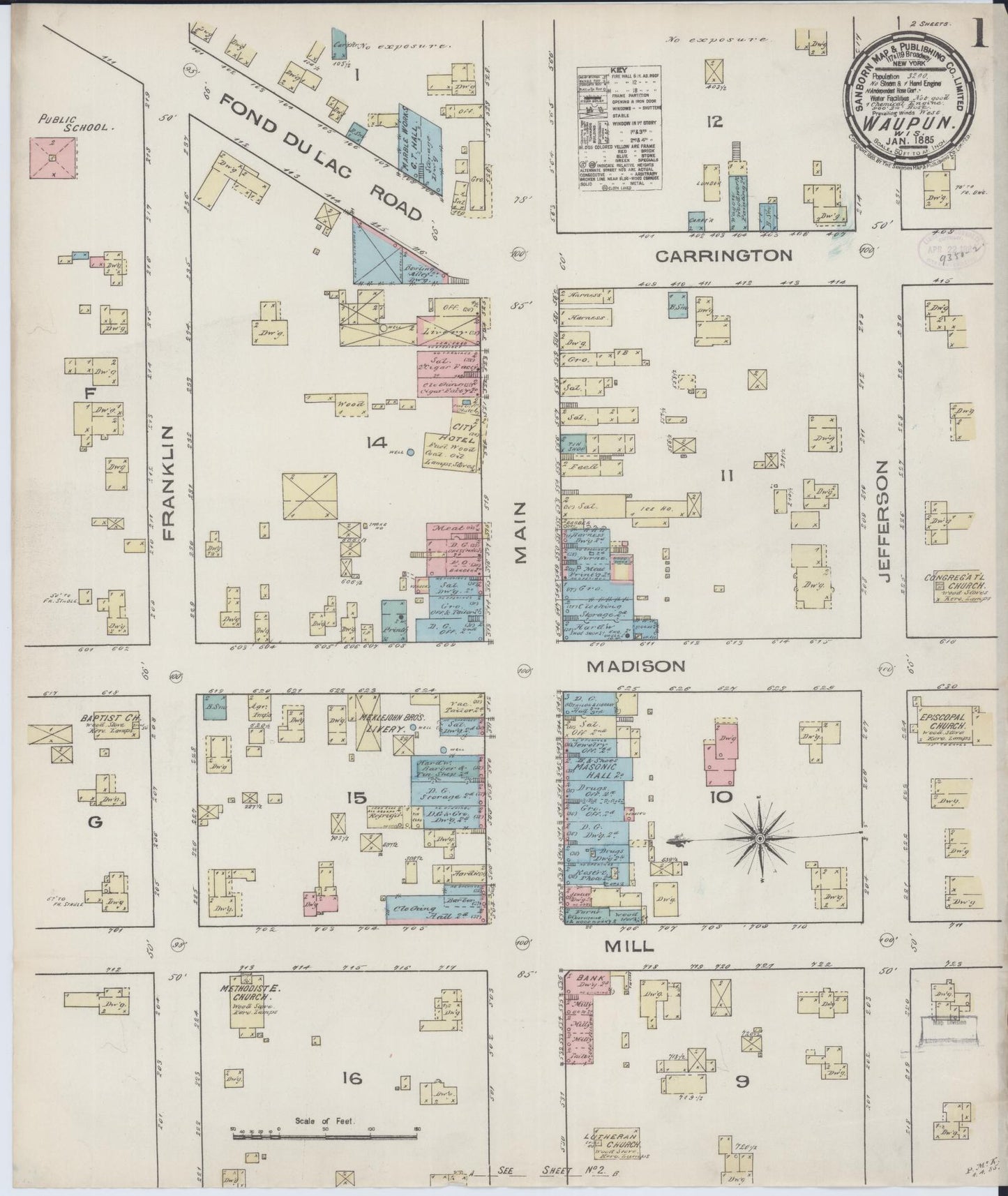 Sanborn Fire Insurance Map from Waupun, Dodge and Fond du Lac Counties, Wisconsin (1885), Sheet #0001 - Complete Map Set gallery image, historic Sanborn map, vintage wall art, Wisconsin Wisconsin