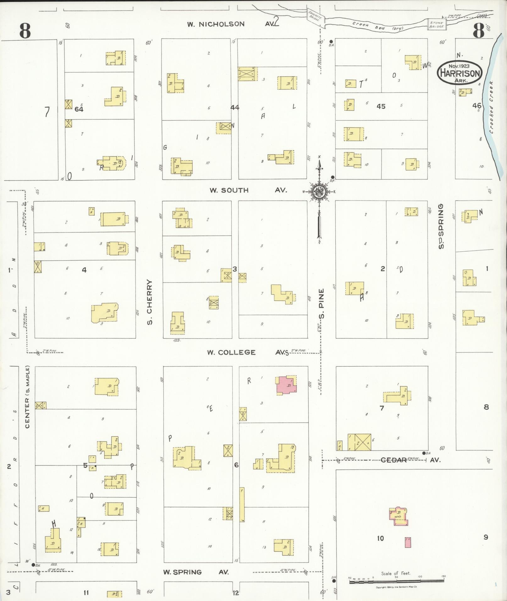 Sanborn Fire Insurance Map from Harrison, Boone County, Arkansas (1923), Sheet #0008 - Historic Sanborn Fire Insurance Map Print, vintage old map wall art, antique decor, genealogy gift, Arkansas Arkansas map