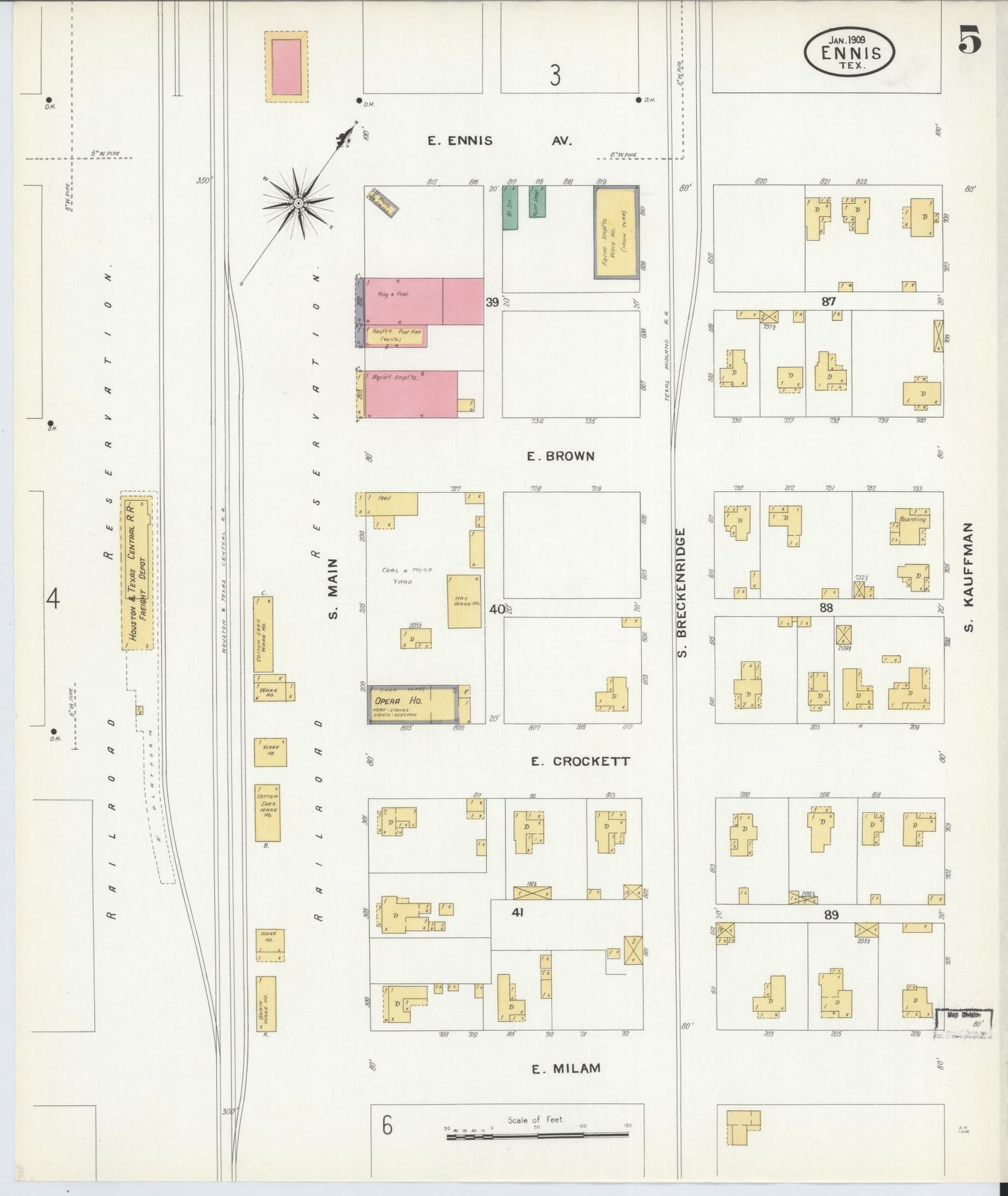 Sanborn Fire Insurance Map from Ennis, Ellis County, Texas (1909), Sheet #0005 - Historic Sanborn Fire Insurance Map Print, vintage old map wall art, antique decor, genealogy gift, Texas Texas map