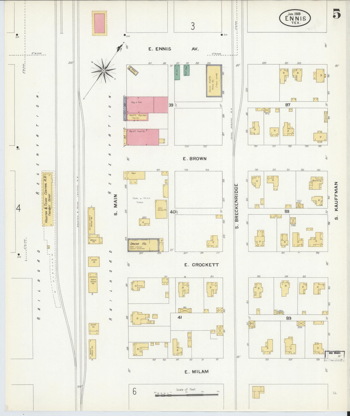 Sanborn Fire Insurance Map from Ennis, Ellis County, Texas (1909), Sheet #0005 - Historic Sanborn Fire Insurance Map Print, vintage old map wall art, antique decor, genealogy gift, Texas Texas map