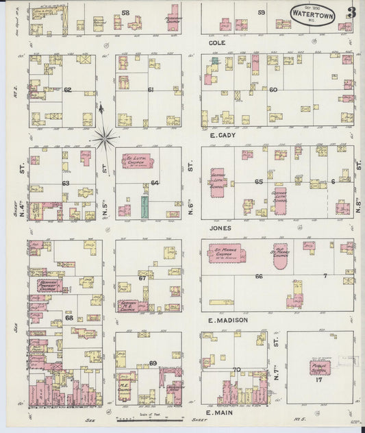 Sanborn Fire Insurance Map from Watertown, Jefferson County, Wisconsin (1890), Sheet #0003 - Historic Sanborn Fire Insurance Map Print, vintage old map wall art, antique decor, genealogy gift, Wisconsin Wisconsin map