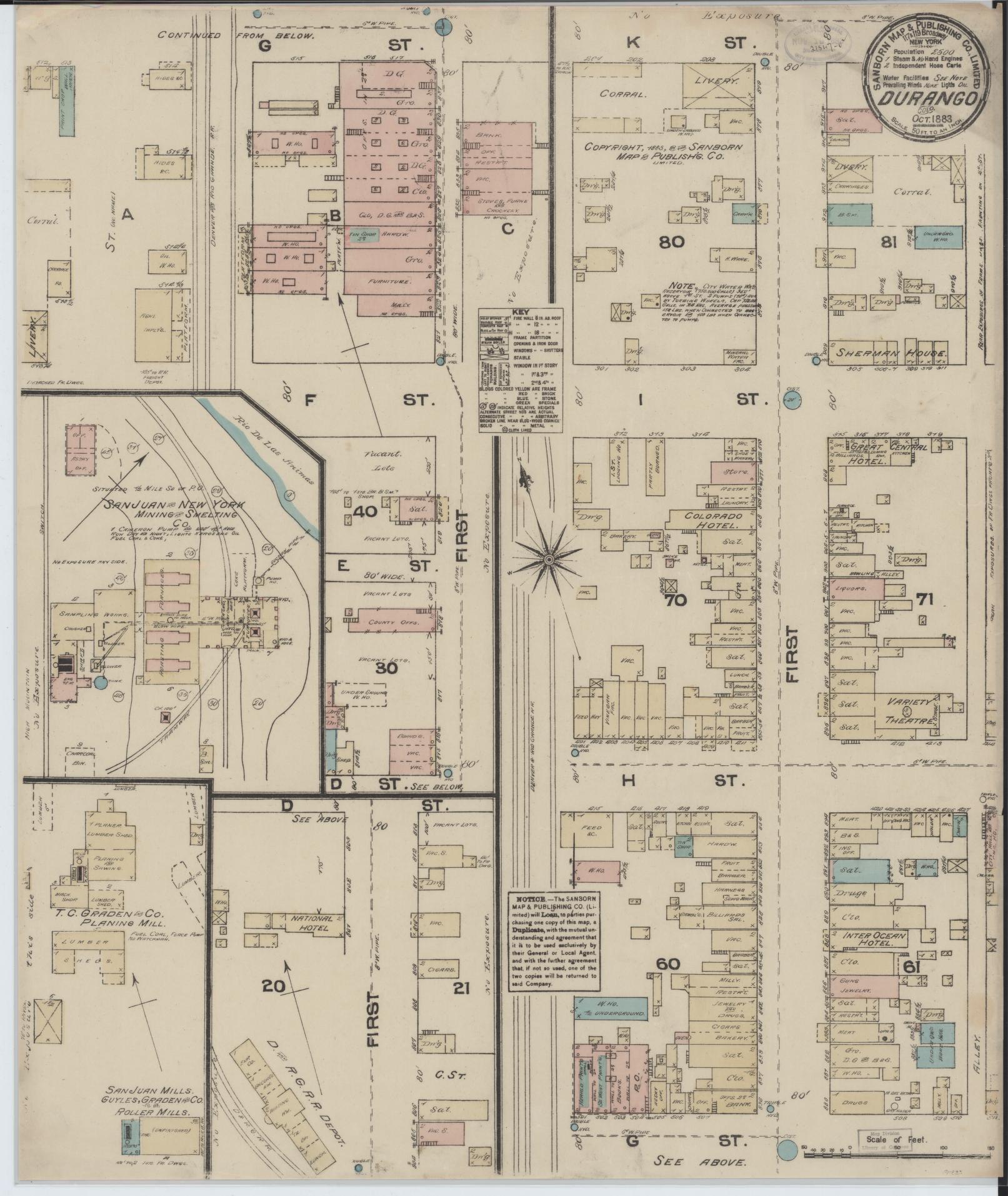 Sanborn Fire Insurance Map from Durango, La Plata County, Colorado (1883), Sheet #0001 - Historic Sanborn Fire Insurance Map Print, vintage old map wall art, antique decor, genealogy gift, Colorado Colorado map