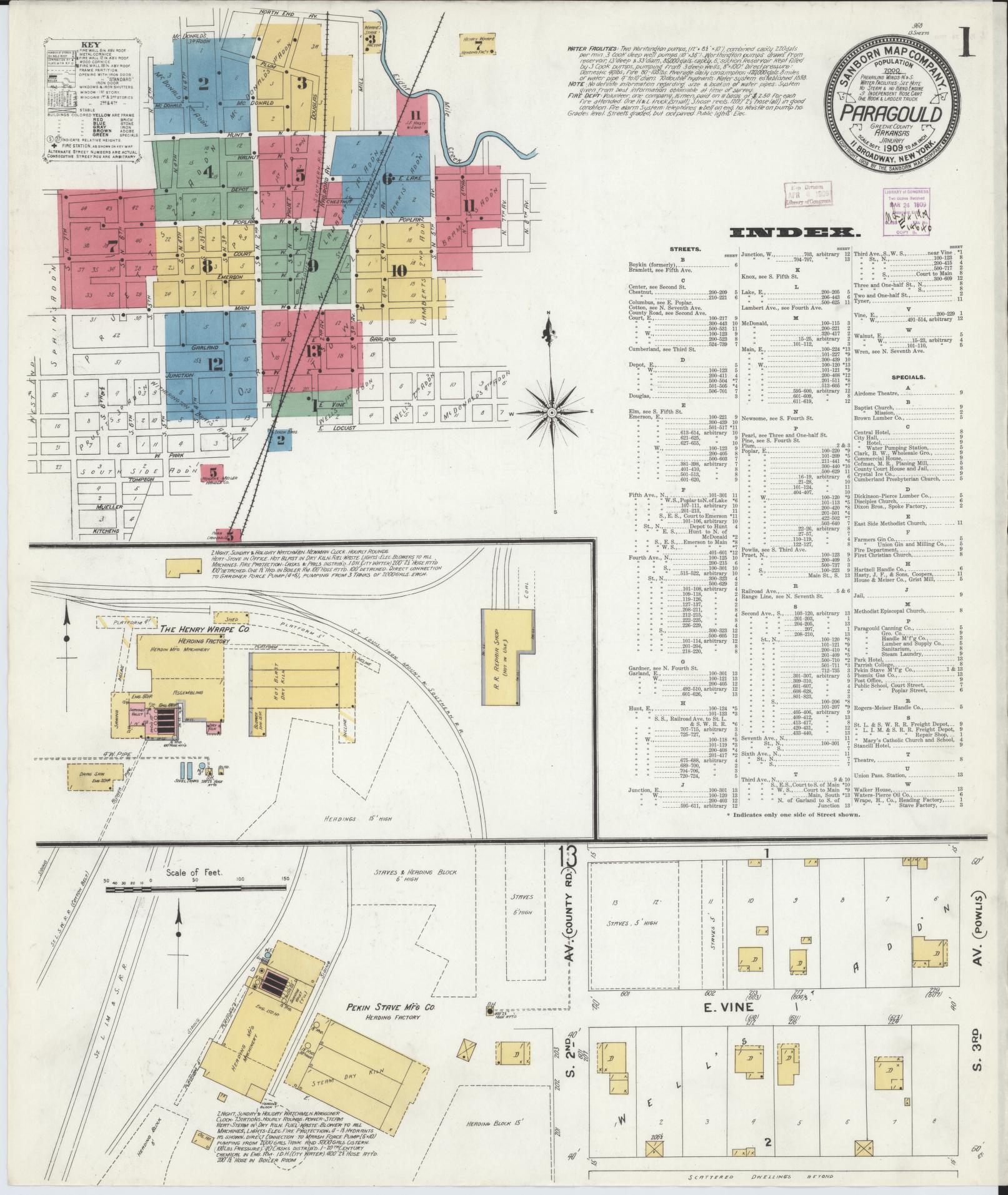 Sanborn Fire Insurance Map from Paragould, Greene County, Arkansas (1909), Sheet #0001 - Historic Sanborn Fire Insurance Map Print, vintage old map wall art, antique decor, genealogy gift, Arkansas Arkansas map