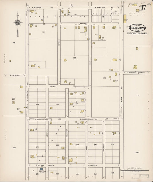 Sanborn Fire Insurance Map from Bradentown, Manatee County, Florida (1922), Sheet #0017 - Historic Sanborn Fire Insurance Map Print, vintage old map wall art, antique decor, genealogy gift, Florida Florida map