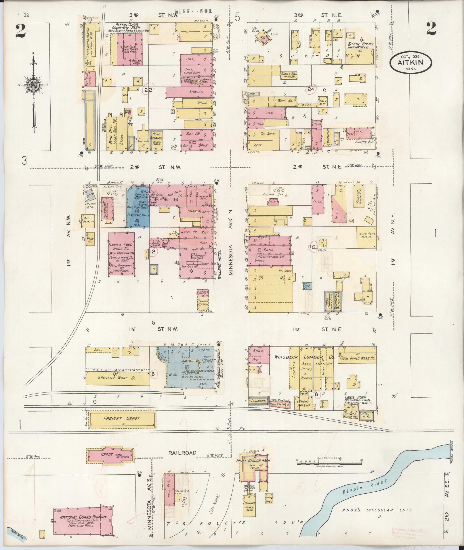 Sanborn Fire Insurance Map from Aitkin, Aitkin County, Minnesota (1936), Sheet #0002 - Historic Sanborn Fire Insurance Map Print, vintage old map wall art, antique decor, genealogy gift, Minnesota Minnesota map