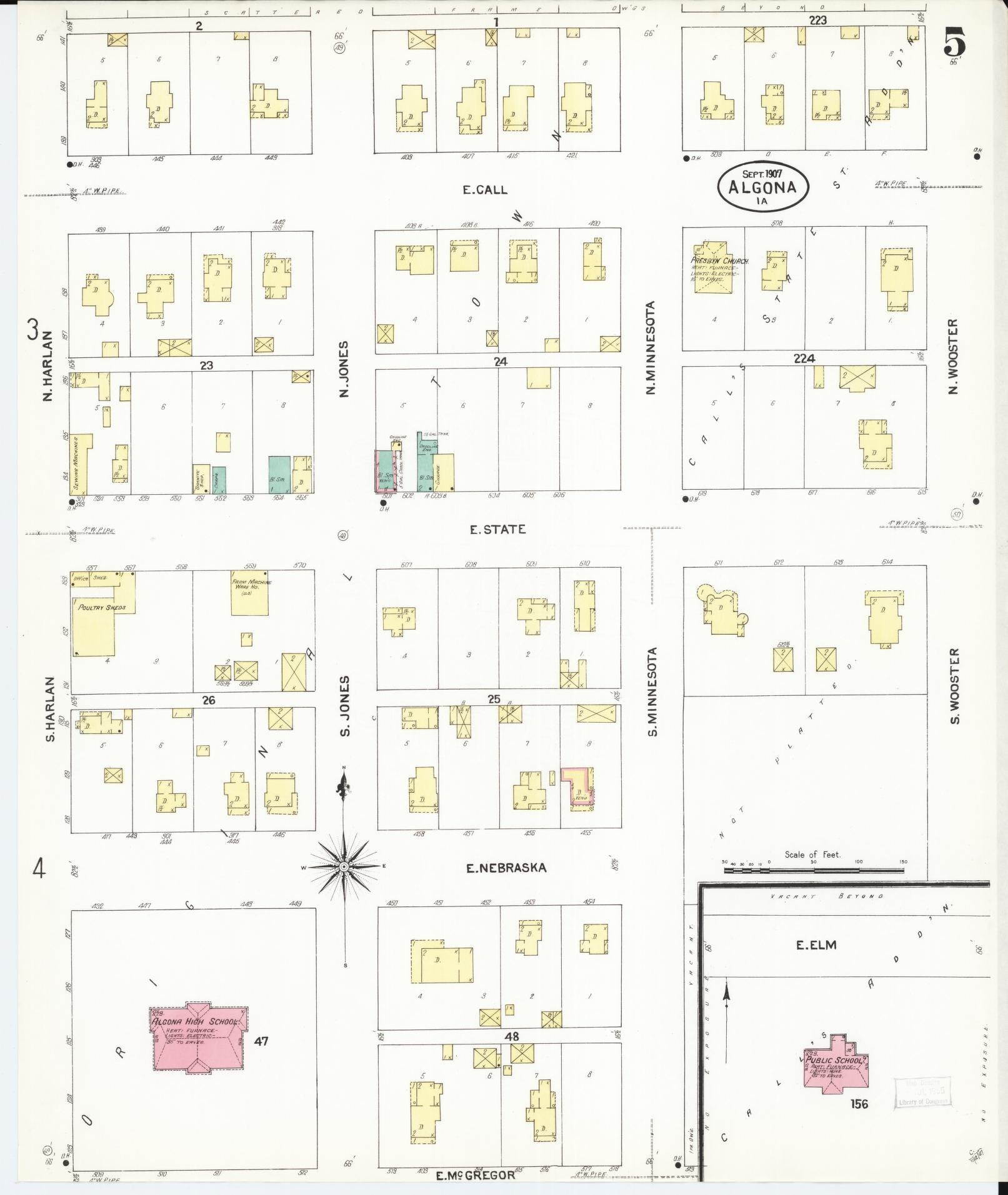 Sanborn Fire Insurance Map from Algona, Kossuth County, Iowa (1907), Sheet #0005 - Historic Sanborn Fire Insurance Map Print, vintage old map wall art