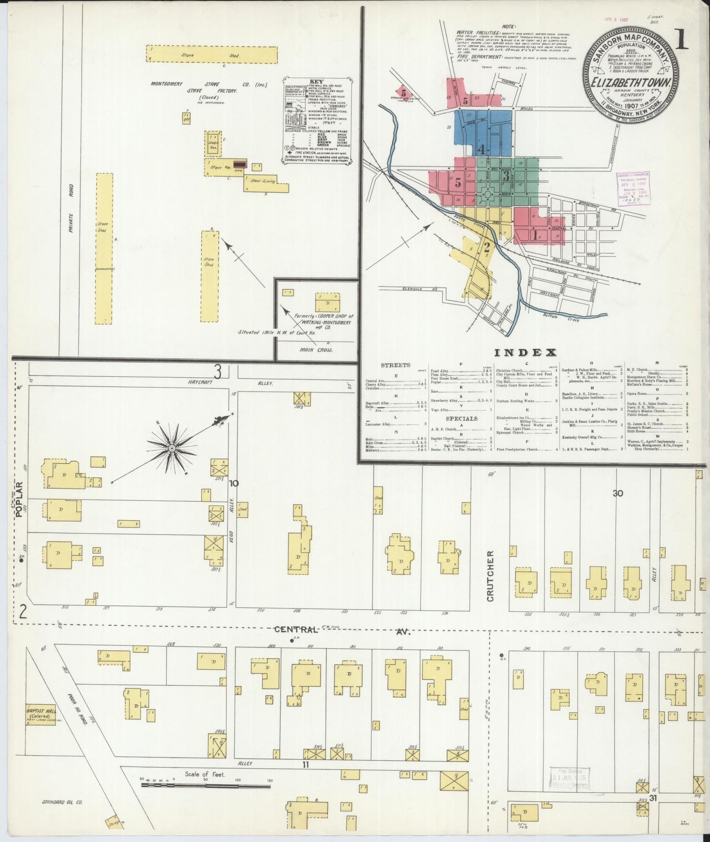 Sanborn Fire Insurance Map from Elizabethtown, Hardin County, Kentucky (1907), Sheet #0001 - Complete Map Set gallery image, historic Sanborn map, vintage wall art, Kentucky Kentucky