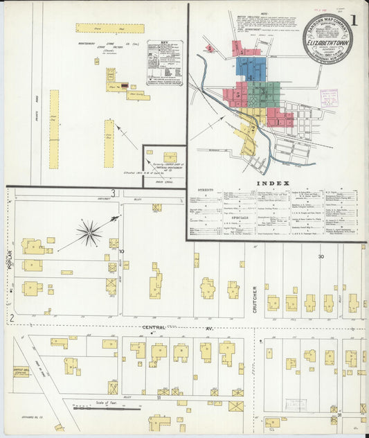 Sanborn Fire Insurance Map from Elizabethtown, Hardin County, Kentucky (1907), Sheet #0001 - Complete Map Set gallery image, historic Sanborn map, vintage wall art, Kentucky Kentucky