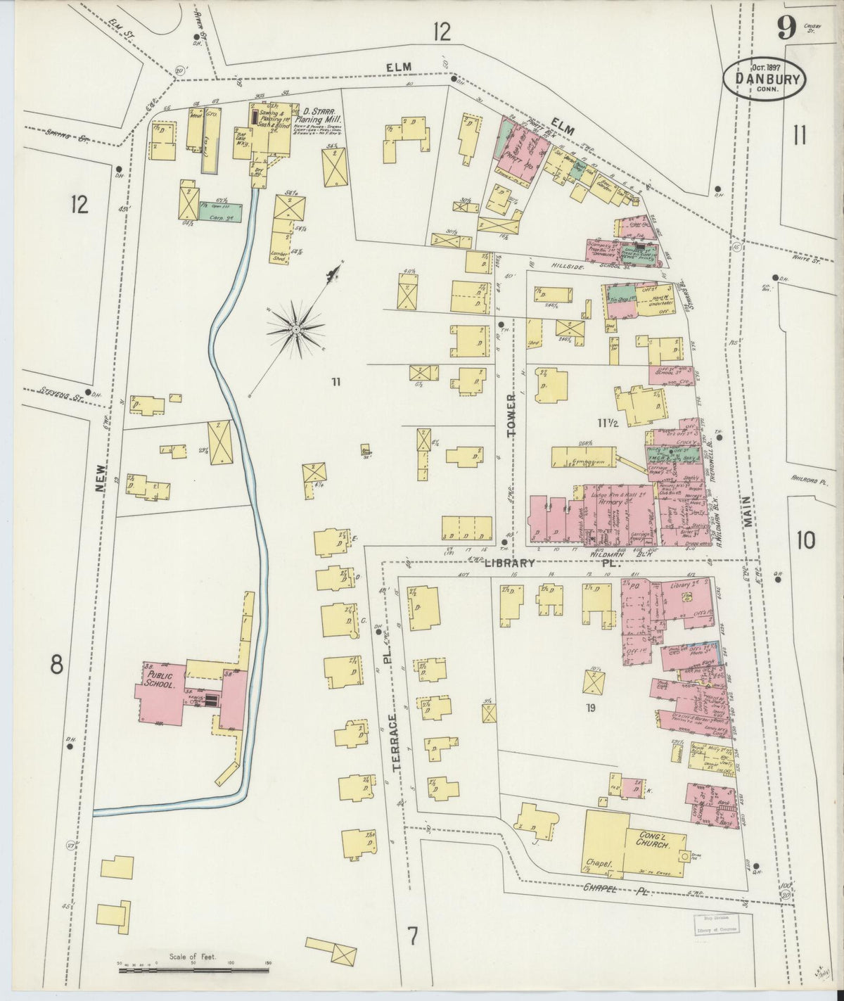 Sanborn Fire Insurance Map from Danbury, Fairfield County, Connecticut (1897), Sheet #0009 - Historic Sanborn Fire Insurance Map Print, vintage old map wall art, antique decor, genealogy gift, Connecticut Connecticut map