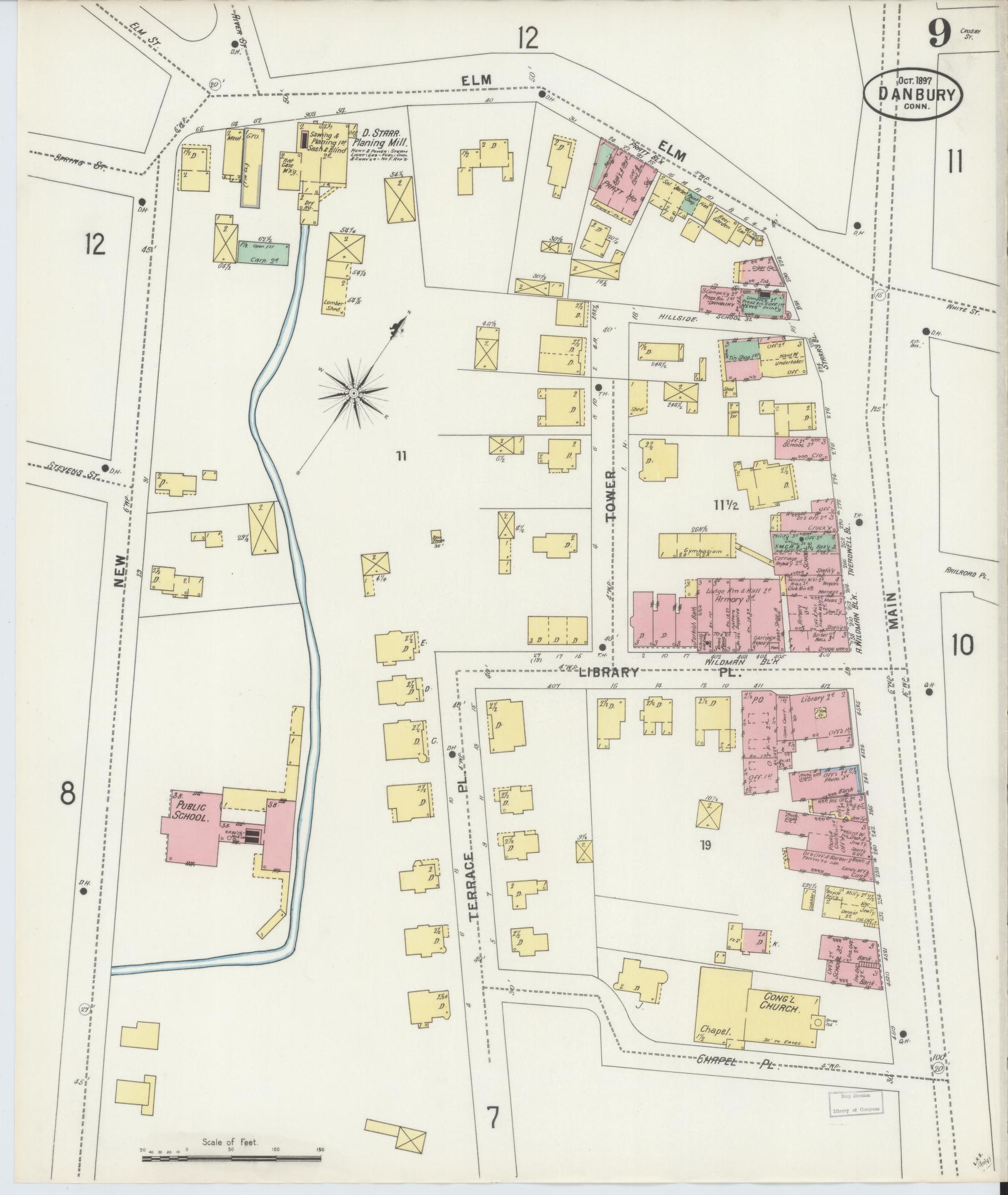 Sanborn Fire Insurance Map from Danbury, Fairfield County, Connecticut (1897), Sheet #0009 - Historic Sanborn Fire Insurance Map Print, vintage old map wall art, antique decor, genealogy gift, Connecticut Connecticut map