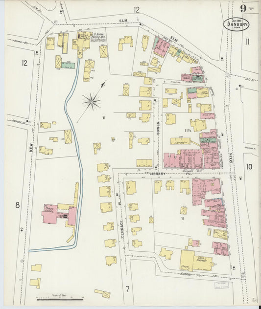 Sanborn Fire Insurance Map from Danbury, Fairfield County, Connecticut (1897), Sheet #0009 - Historic Sanborn Fire Insurance Map Print, vintage old map wall art, antique decor, genealogy gift, Connecticut Connecticut map