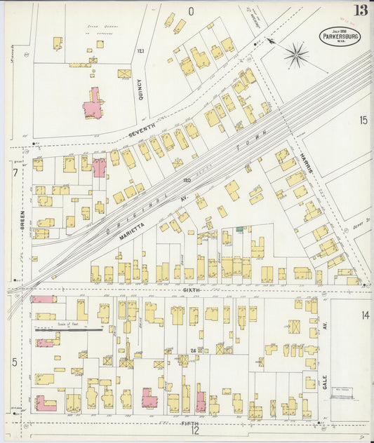 Sanborn Fire Insurance Map from Parkersburg, Wood County, West Virginia (1898), Sheet #0013 - Historic Sanborn Fire Insurance Map Print, vintage old map wall art, antique decor, genealogy gift, West Virginia West Virginia map