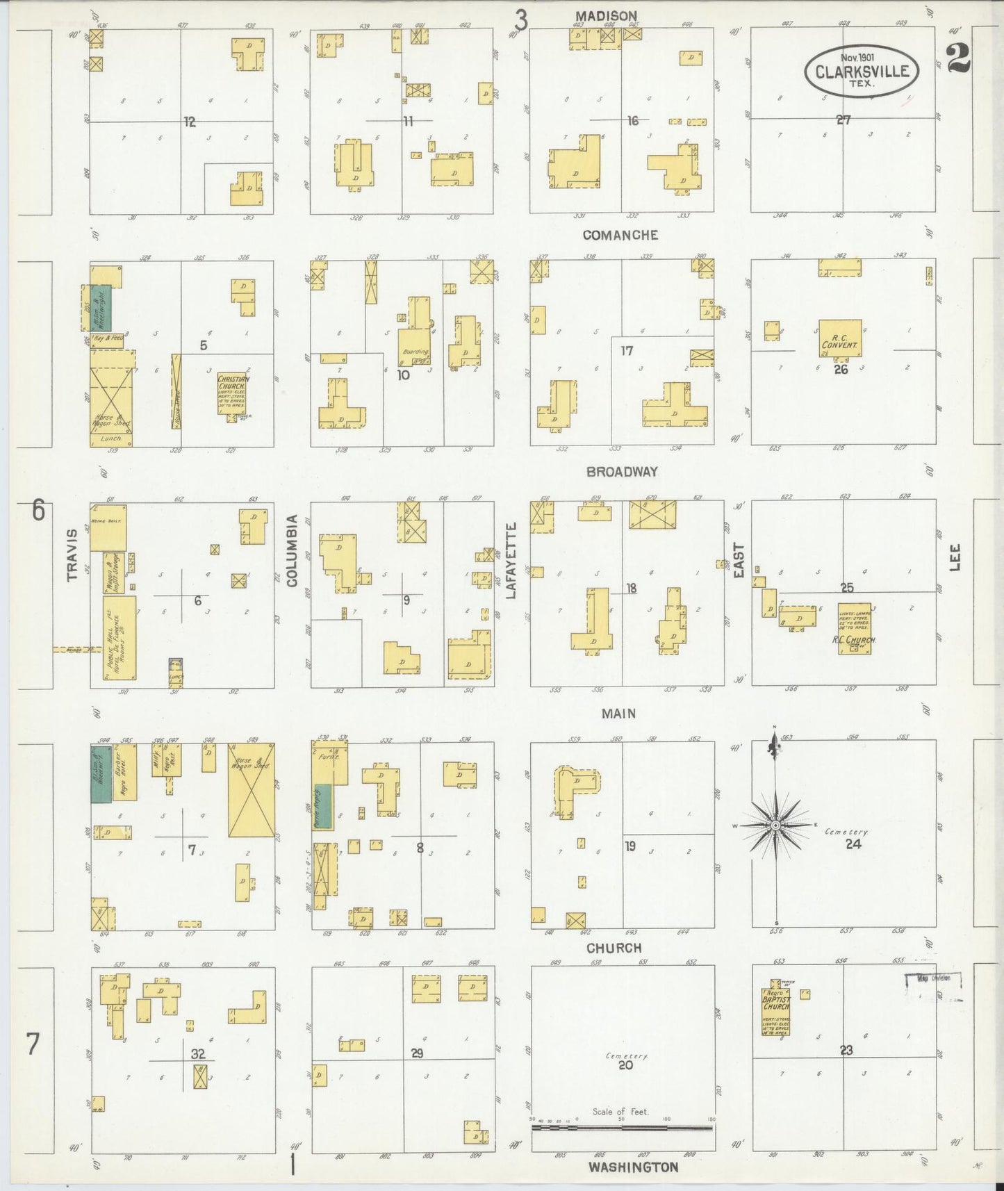 Sanborn Fire Insurance Map from Clarksville, Red River County, Texas (1901), Sheet #0002 - Historic Sanborn Fire Insurance Map Print, vintage old map wall art, antique decor, genealogy gift, Texas Texas map