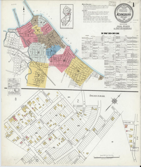 Sanborn Fire Insurance Map from Keansburg, Monmouth County, New Jersey (1918), Sheet #0001 - Historic Sanborn Fire Insurance Map Print, vintage old map wall art, antique decor, genealogy gift, New Jersey New Jersey map