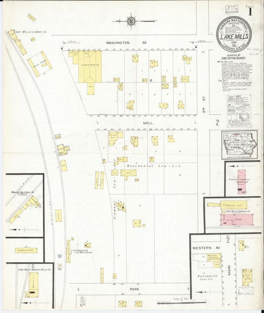 Sanborn Fire Insurance Map from Lake Mills, Winnebago County, Iowa (1916), Sheet #0001 - Historic Sanborn Fire Insurance Map Print, vintage old map wall art
