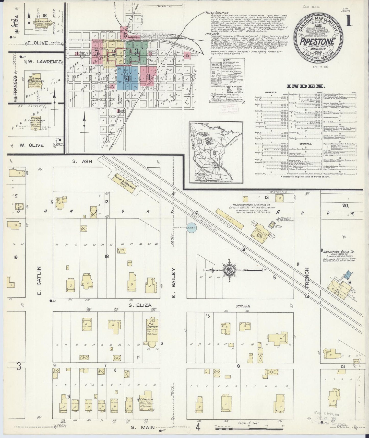 Sanborn Fire Insurance Map from Pipestone, Pipestone County, Minnesota (1913), Sheet #0001 - Historic Sanborn Fire Insurance Map Print, vintage old map wall art, antique decor, genealogy gift, Minnesota Minnesota map