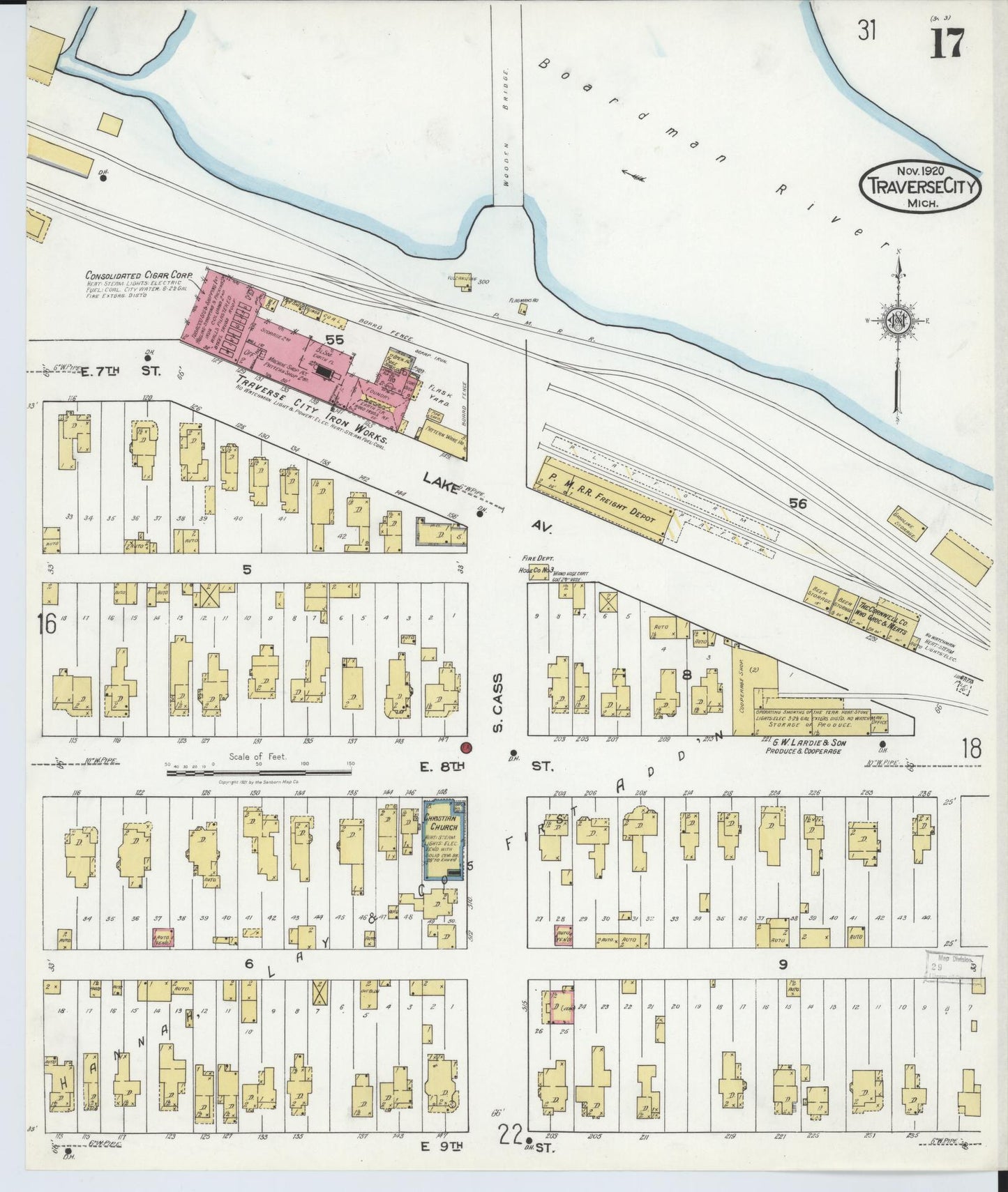 Sanborn Fire Insurance Map from Traverse City, Grand Traverse County, Michigan (1920), Sheet #0017 - Historic Sanborn Fire Insurance Map Print, vintage old map wall art, antique decor, genealogy gift, Michigan Michigan map