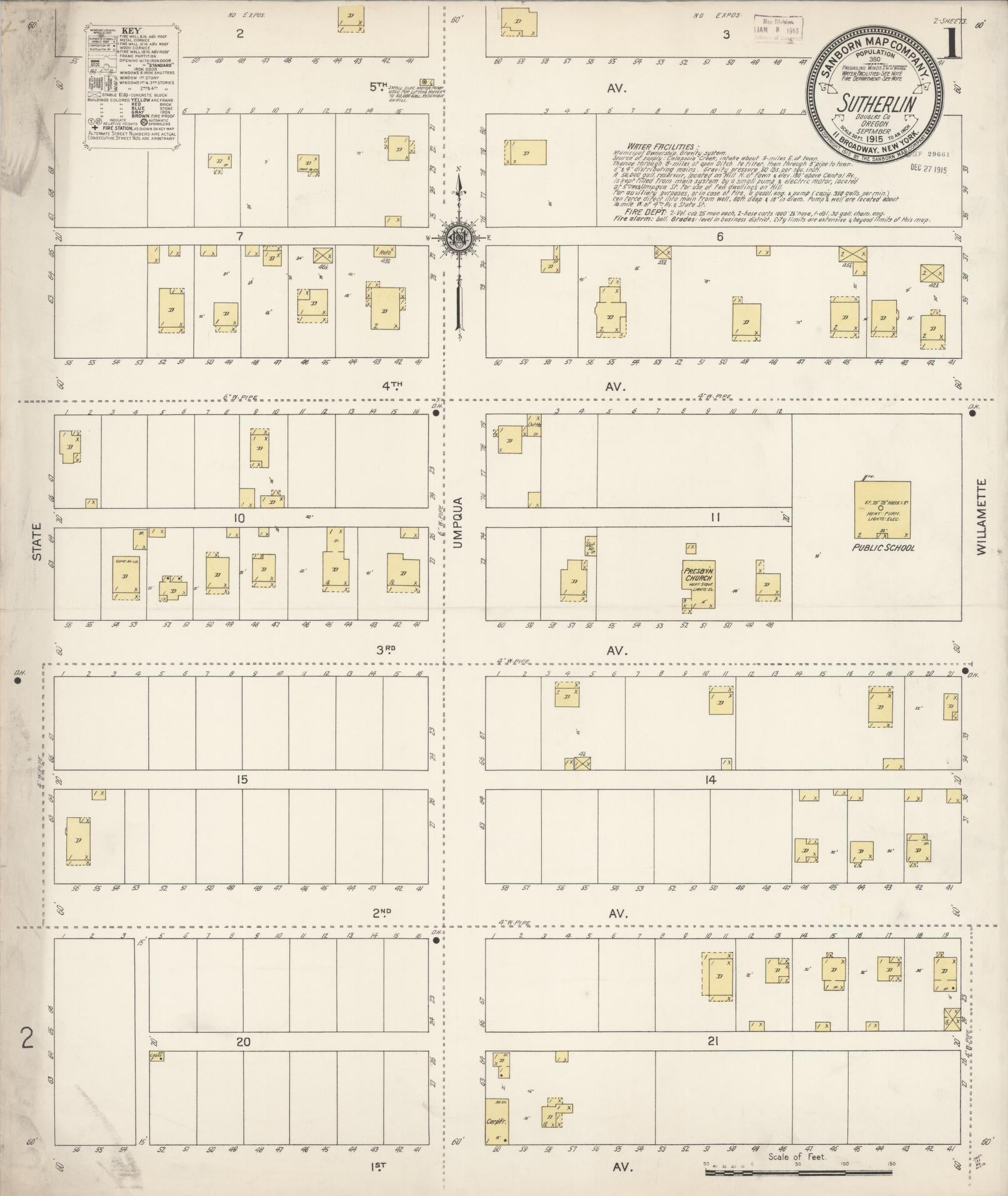 Sanborn Fire Insurance Map from Sutherlin, Douglas County, Oregon (1915), Sheet #0001 - Historic Sanborn Fire Insurance Map Print, vintage old map wall art, antique decor, genealogy gift, Oregon Oregon map