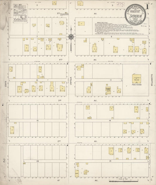 Sanborn Fire Insurance Map from Sutherlin, Douglas County, Oregon (1915), Sheet #0001 - Historic Sanborn Fire Insurance Map Print, vintage old map wall art, antique decor, genealogy gift, Oregon Oregon map