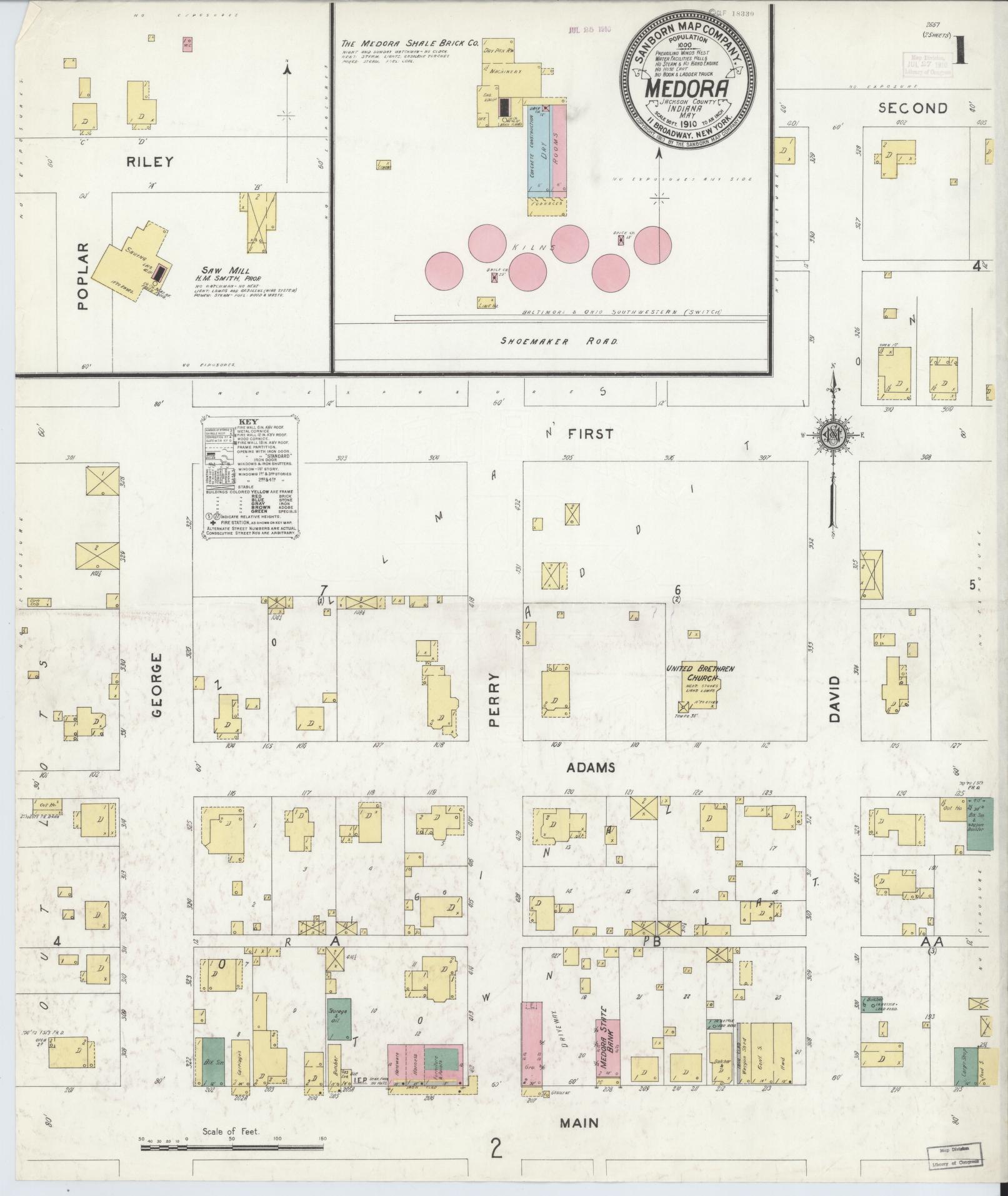 Sanborn Fire Insurance Map from Medora, Jackson County, Indiana (1910), Sheet #0001 - Complete Map Set gallery image, historic Sanborn map, vintage wall art, Indiana Indiana