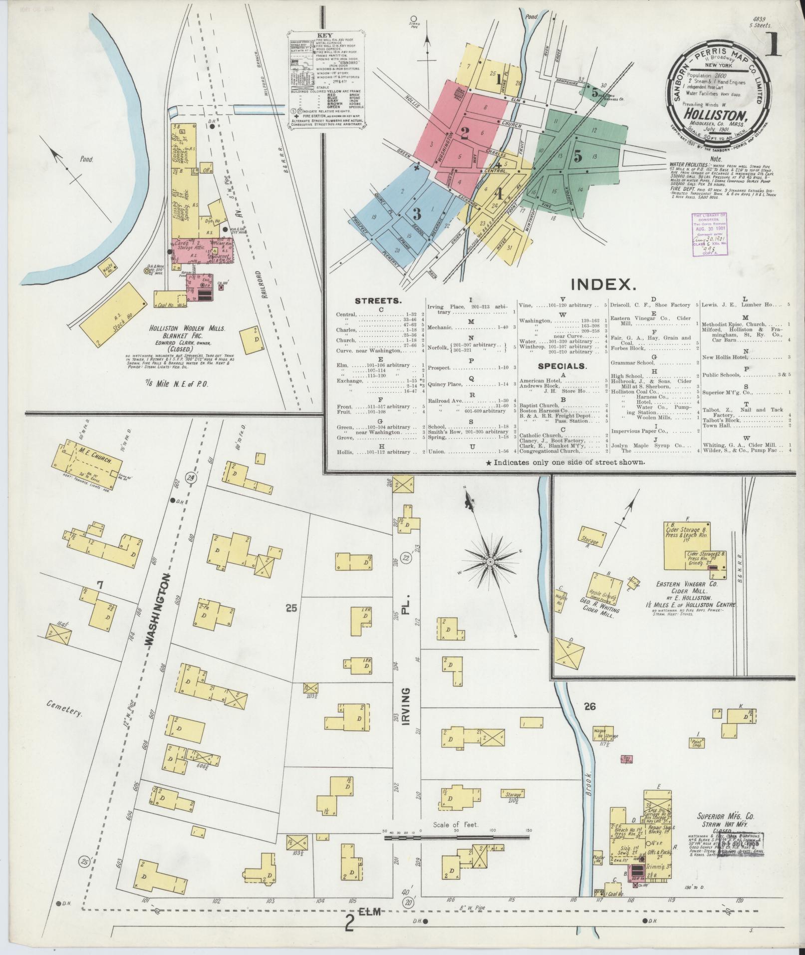 Sanborn Fire Insurance Map from Holliston, Middlesex County, Massachusetts (1901), Sheet #0001 - Complete Map Set gallery image, historic Sanborn map, vintage wall art, Massachusetts Massachusetts