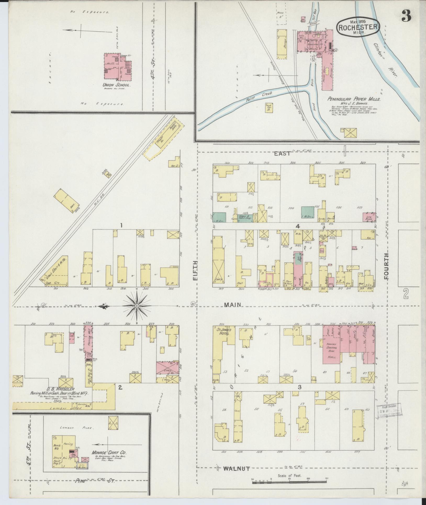 Sanborn Fire Insurance Map from Rochester, Oakland County, Michigan (1895), Sheet #0003 - Historic Sanborn Fire Insurance Map Print, vintage old map wall art, antique decor, genealogy gift, Michigan Michigan map
